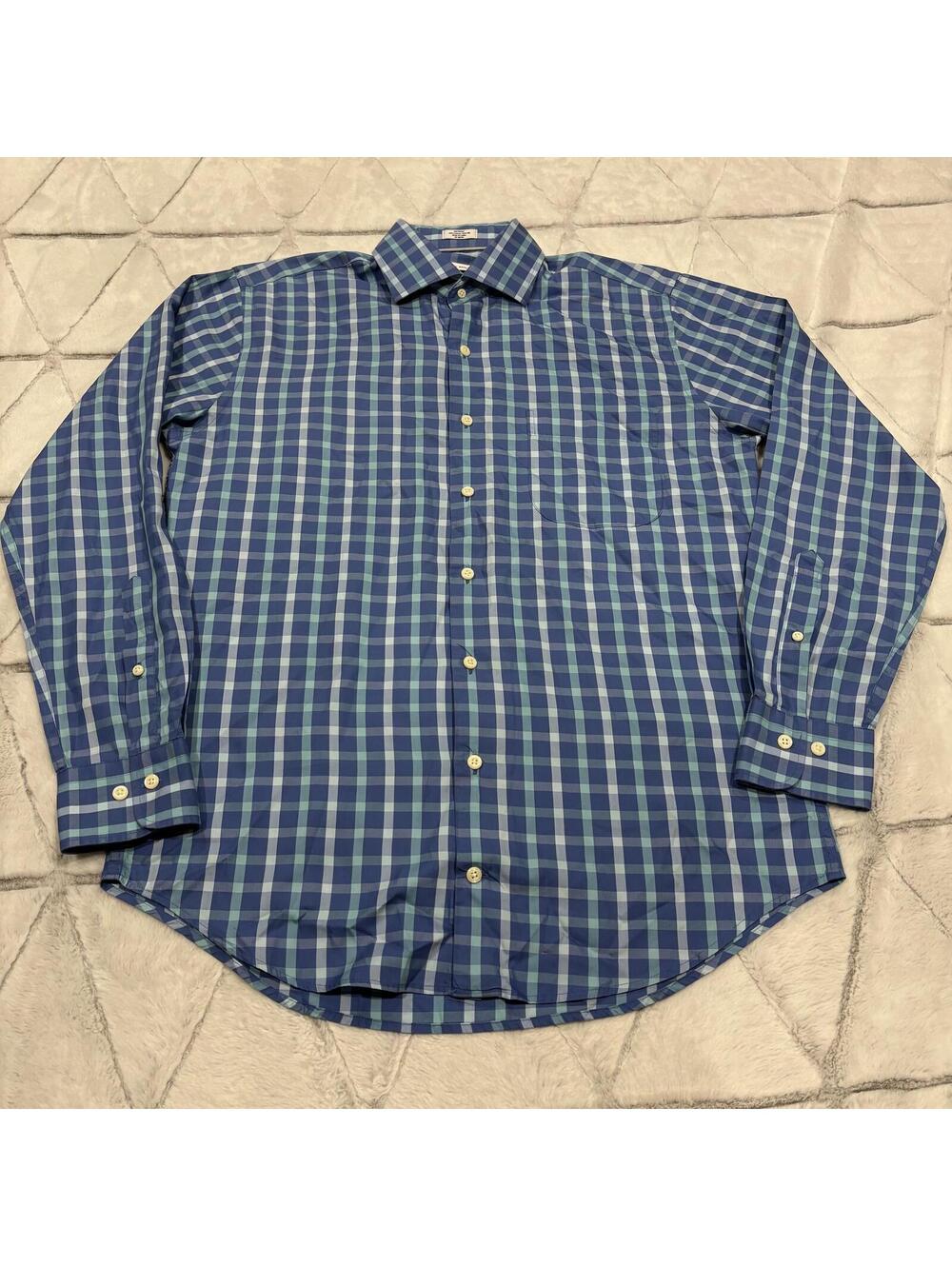 Peter Millar Golf Summer Preppy Men's Medium Blue Check Cotton Silk Shirt